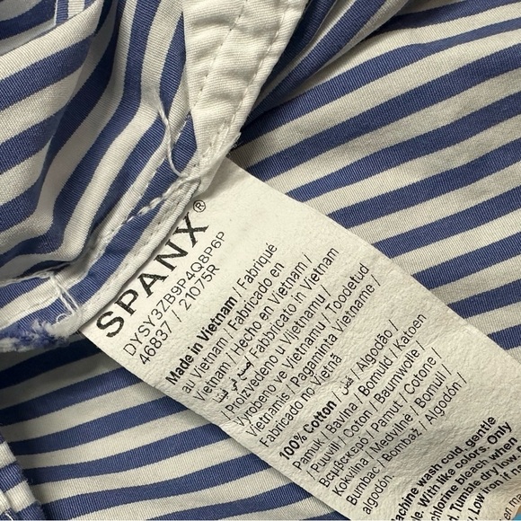 SPANX Poplin Tuxedo Shirt XL Blue White Stripe Long Sleeve High-Low Hem nautical - Picture 12 of 12